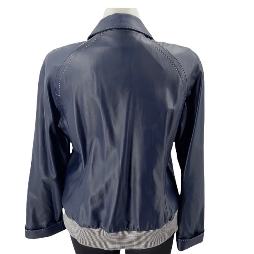 St. John XL blue leather jacket with pockets. Button front - Picture 6 of 11